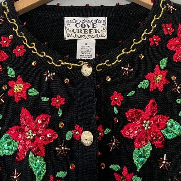 Cove Creek Size XL Black Embroidered Sequin Sweater Christmas Poinsettia Grandma - Picture 3 of 11